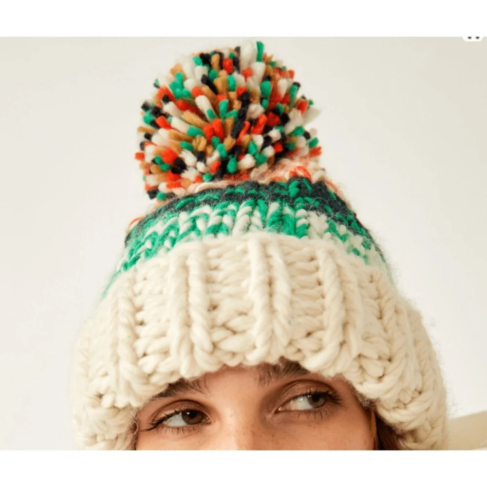 NEW Free People Tide Stripe Knit Pom Beanie Ivory